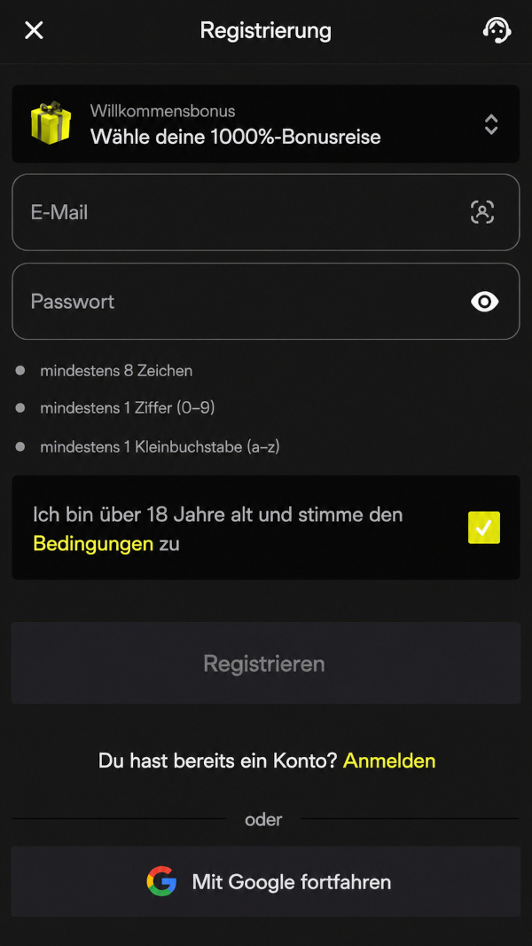 Registrierung auf Website mit Auswahl Willkommens Bonus für live-Casino